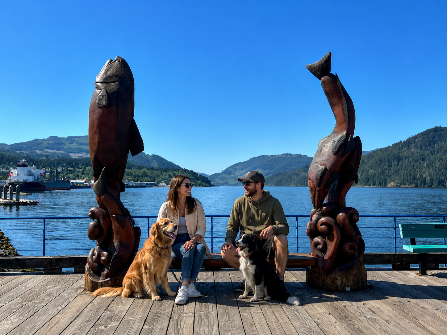 Pet owners with dogs by the carved fish sculptures at Harbour Quay in Port Alberni